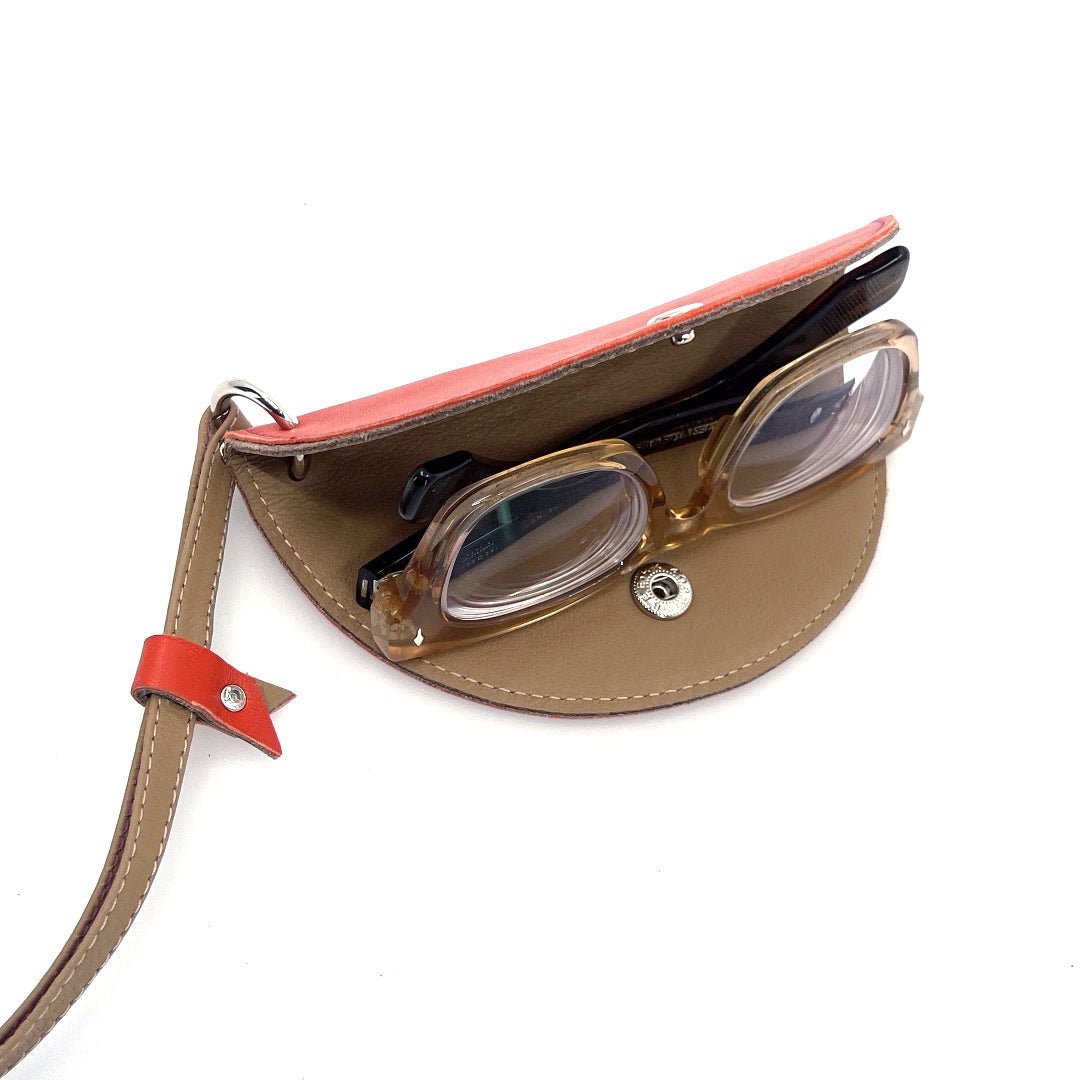 Half-moon leather eyeglass case in Tangerine & Tan by Lisa Rose by Design
