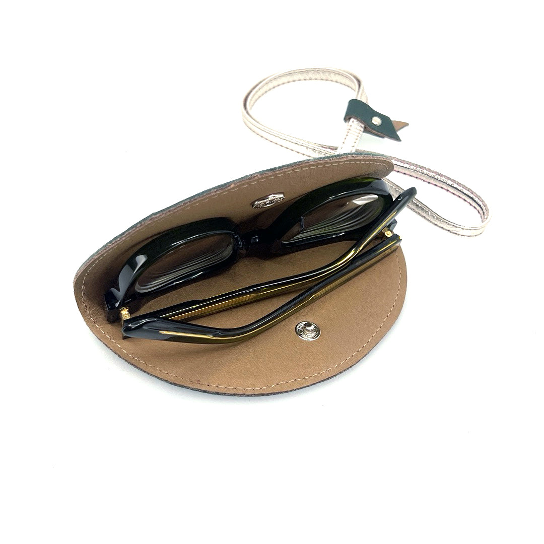 Half-moon leather eyeglass case in Forrest Green & Tan by Lisa Rose by Design