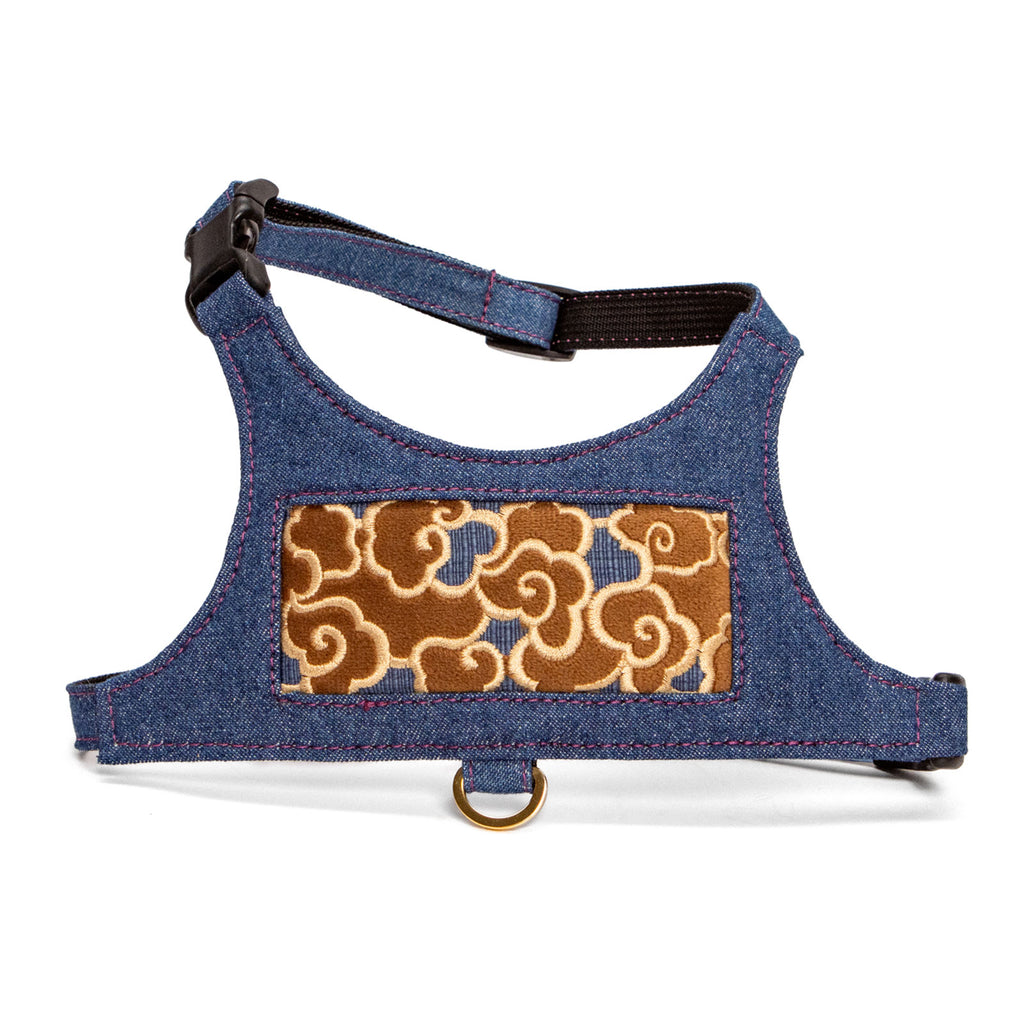 Brown Velvet, Gold on Blue Cumulus Denim Vest Harness by Lisa Rose by Design