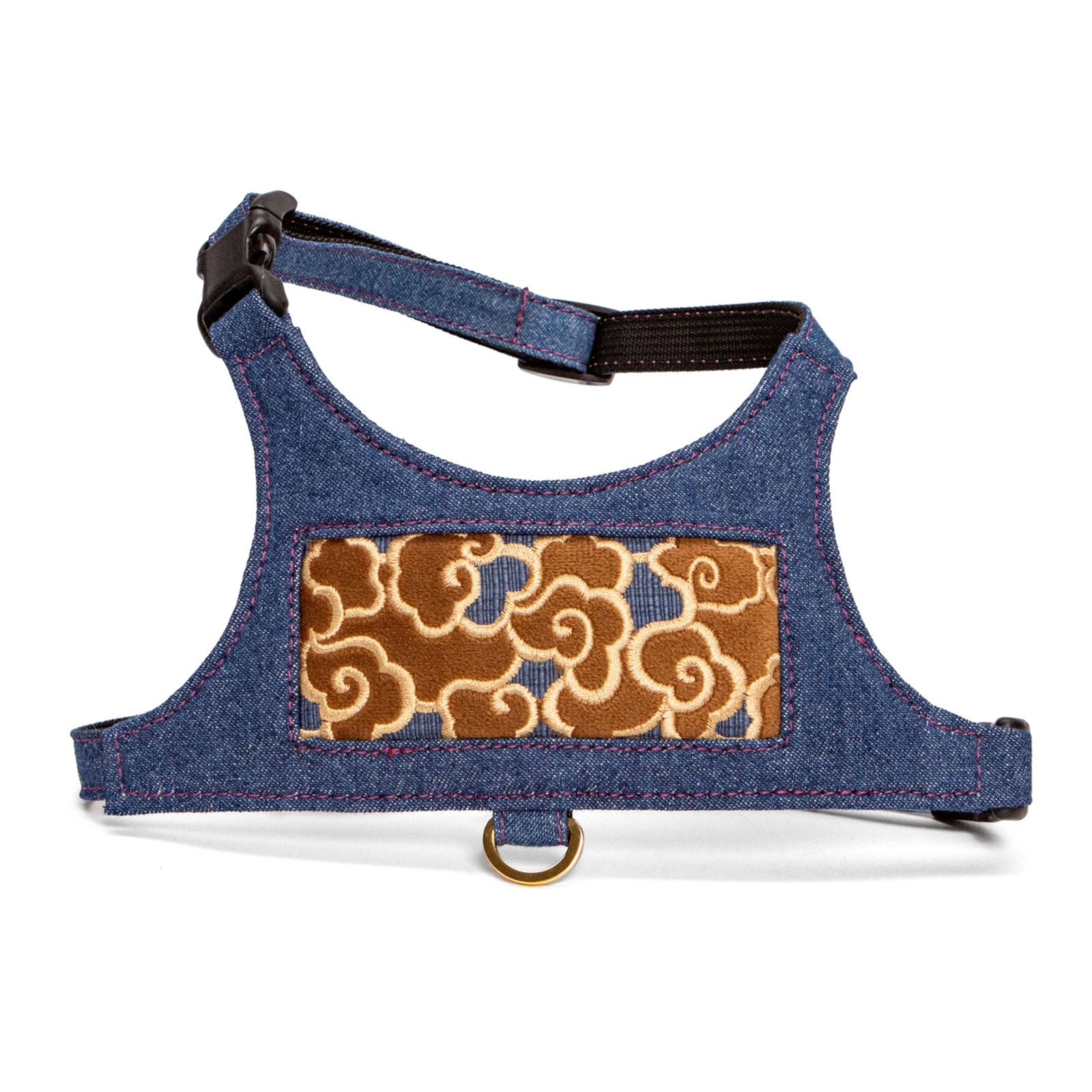 Cumulus Denim Vest Harness - Brown Velvet, Gold on Blue