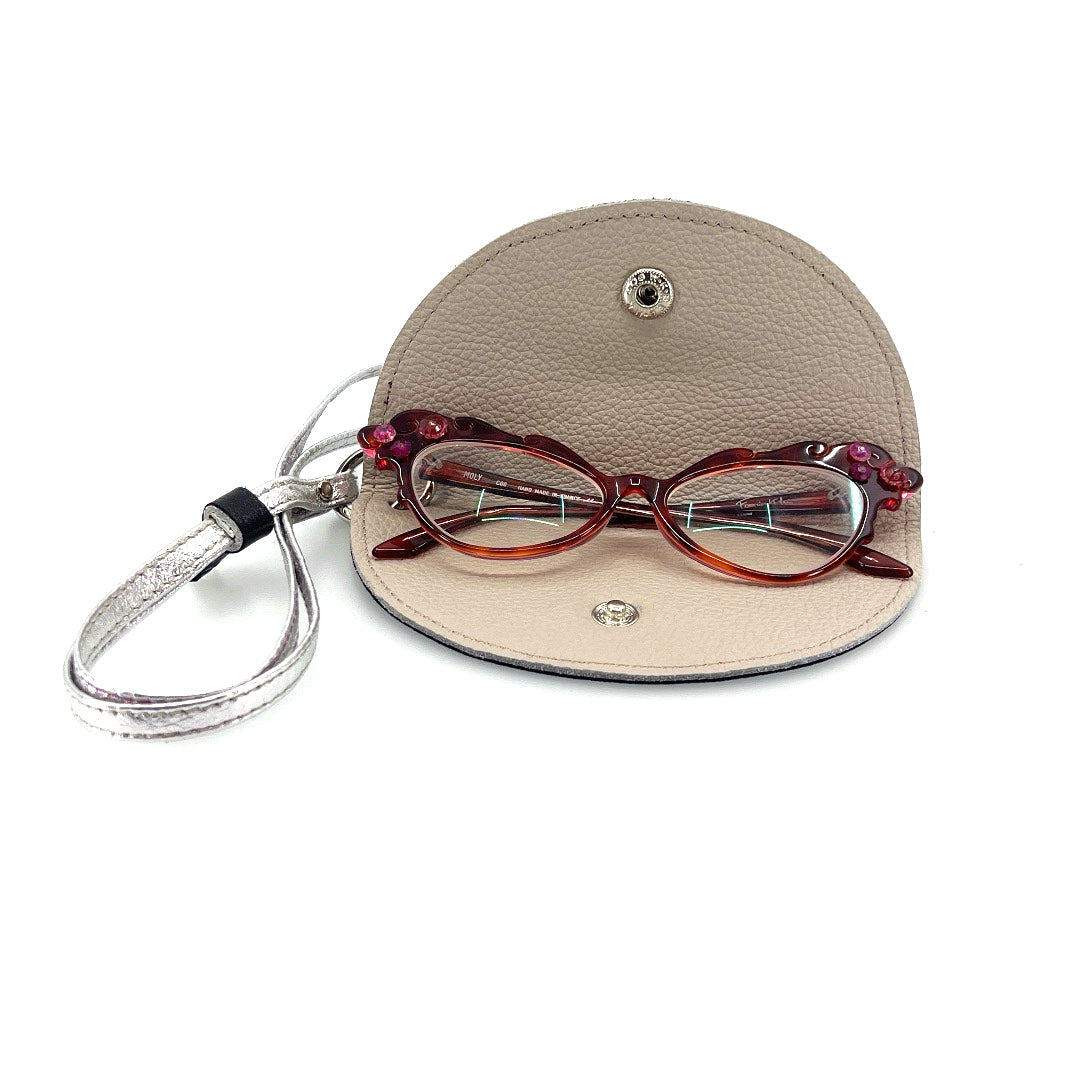 Half-moon leather eyeglass case in Metallic Black & Tan by Lisa Rose by Design