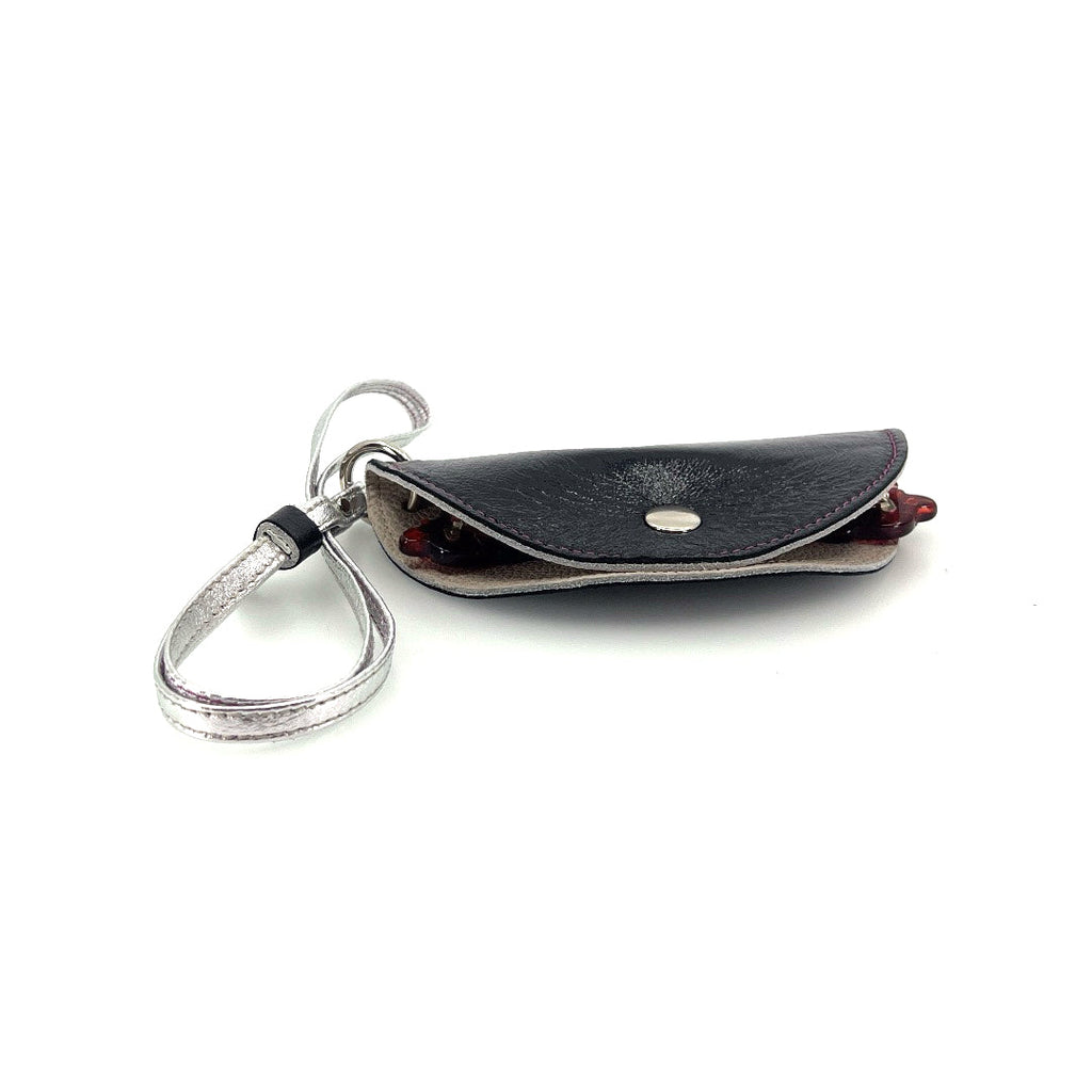 Half-moon leather eyeglass case in Metallic Black & Tan by Lisa Rose by Design
