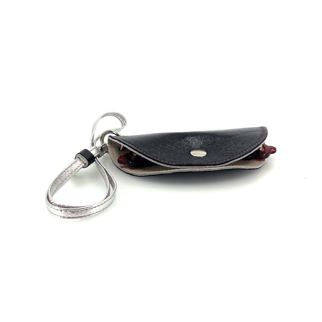 Half-moon leather eyeglass case in Metallic Black & Tan by Lisa Rose by Design