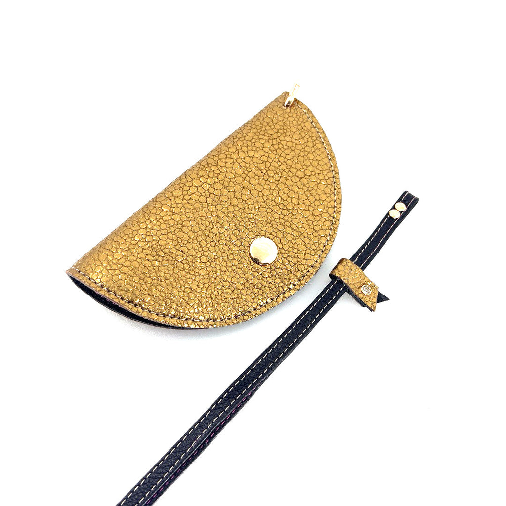 Half-moon leather eyeglass case in Bronze Pebbles & Black by Lisa Rose by Design