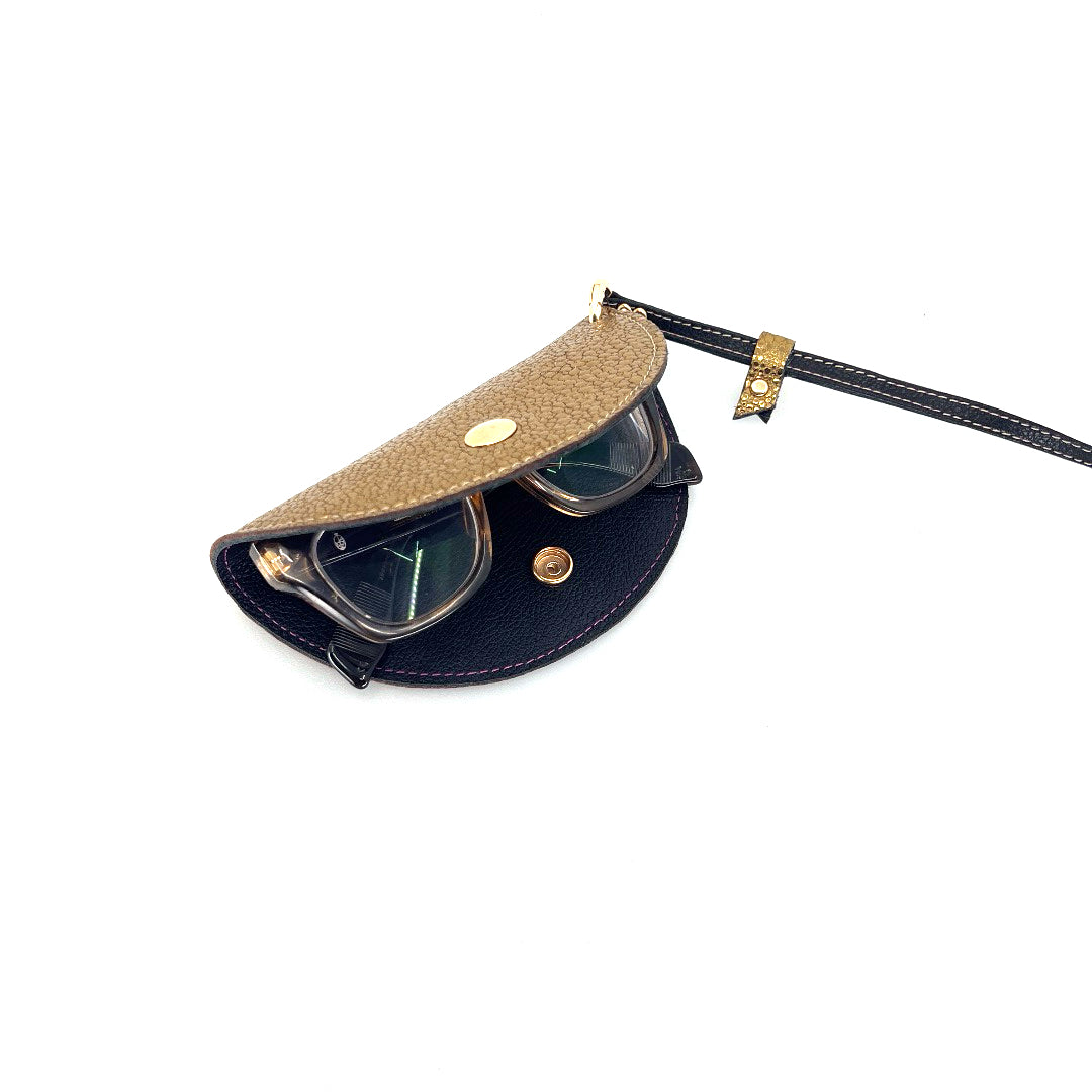 Half-moon leather eyeglass case in Bronze Pebbles & Black by Lisa Rose by Design