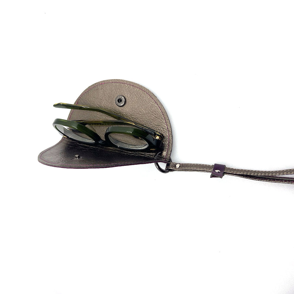 Half-moon leather eyeglass case in Eggplant & Pewter by Lisa Rose by Design