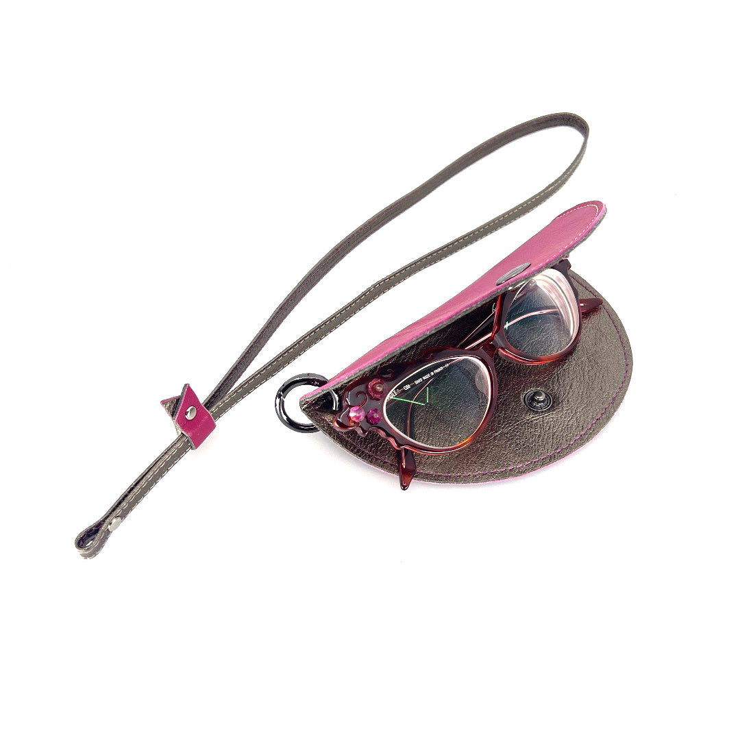 Half-moon leather eyeglass case in Fushia & Pewter by Lisa Rose by Design