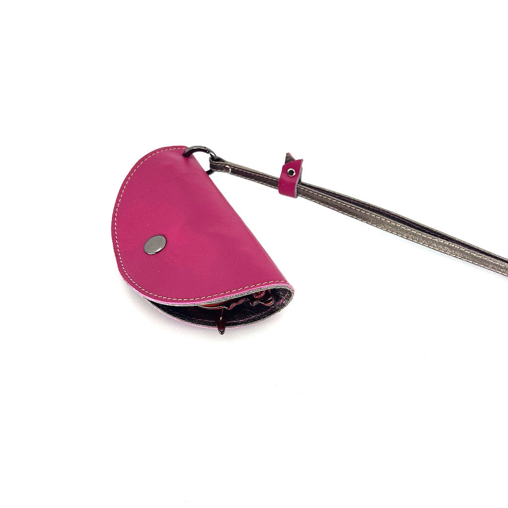 Half-moon leather eyeglass case in Fushia & Pewter by Lisa Rose by Design