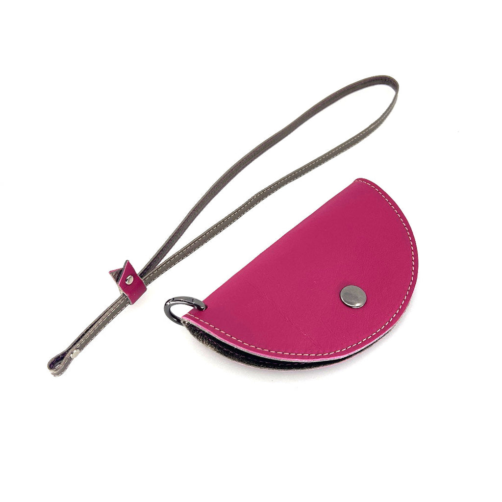 Half-moon leather eyeglass case in Fushia & Pewter by Lisa Rose by Design