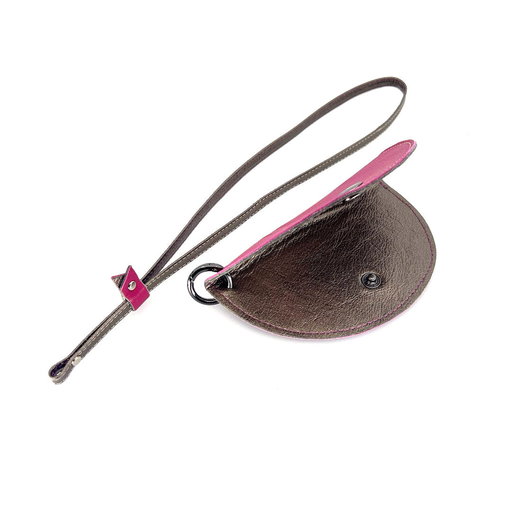 Half-moon leather eyeglass case in Fushia & Pewter by Lisa Rose by Design