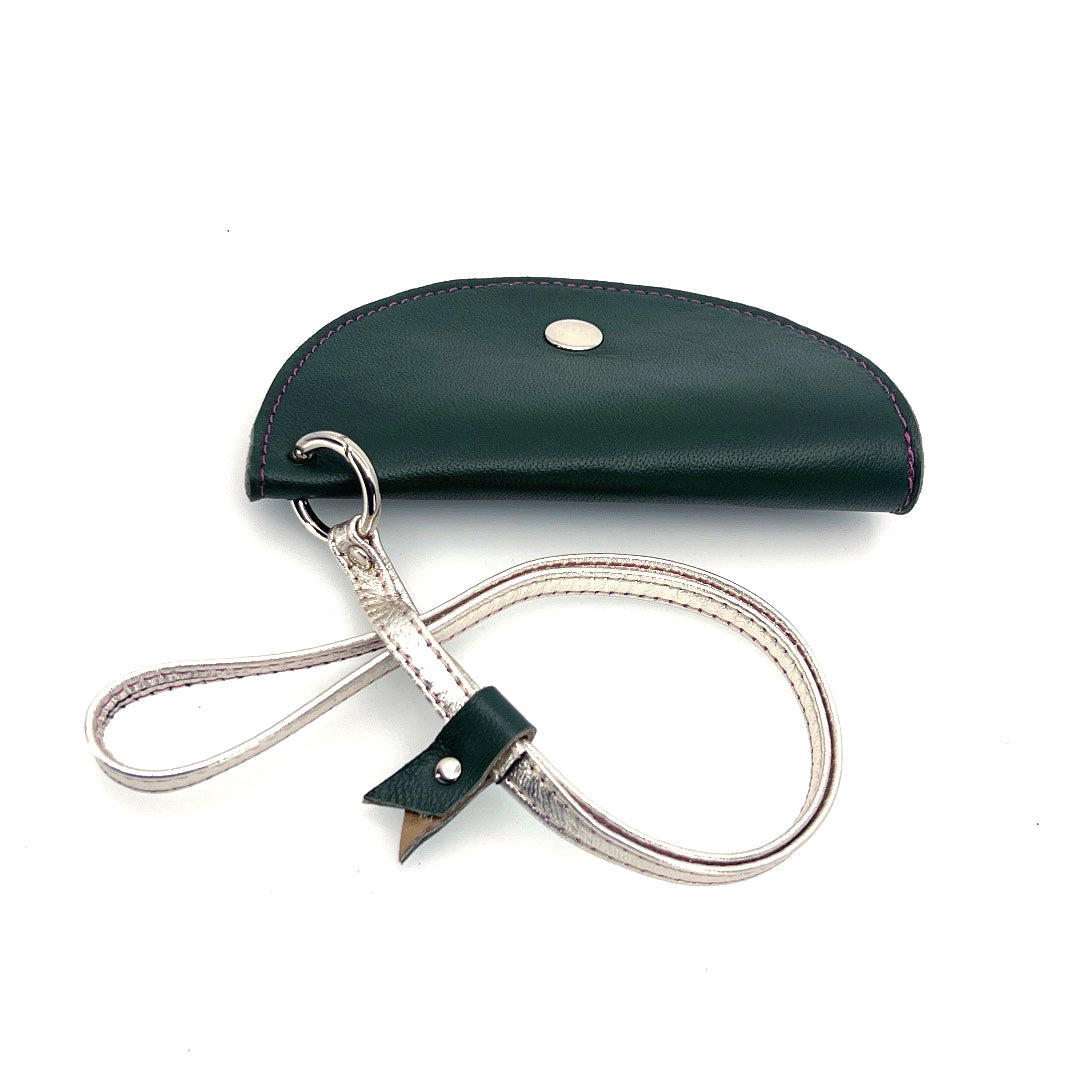 Half-moon leather eyeglass case in Forrest Green & Tan by Lisa Rose by Design