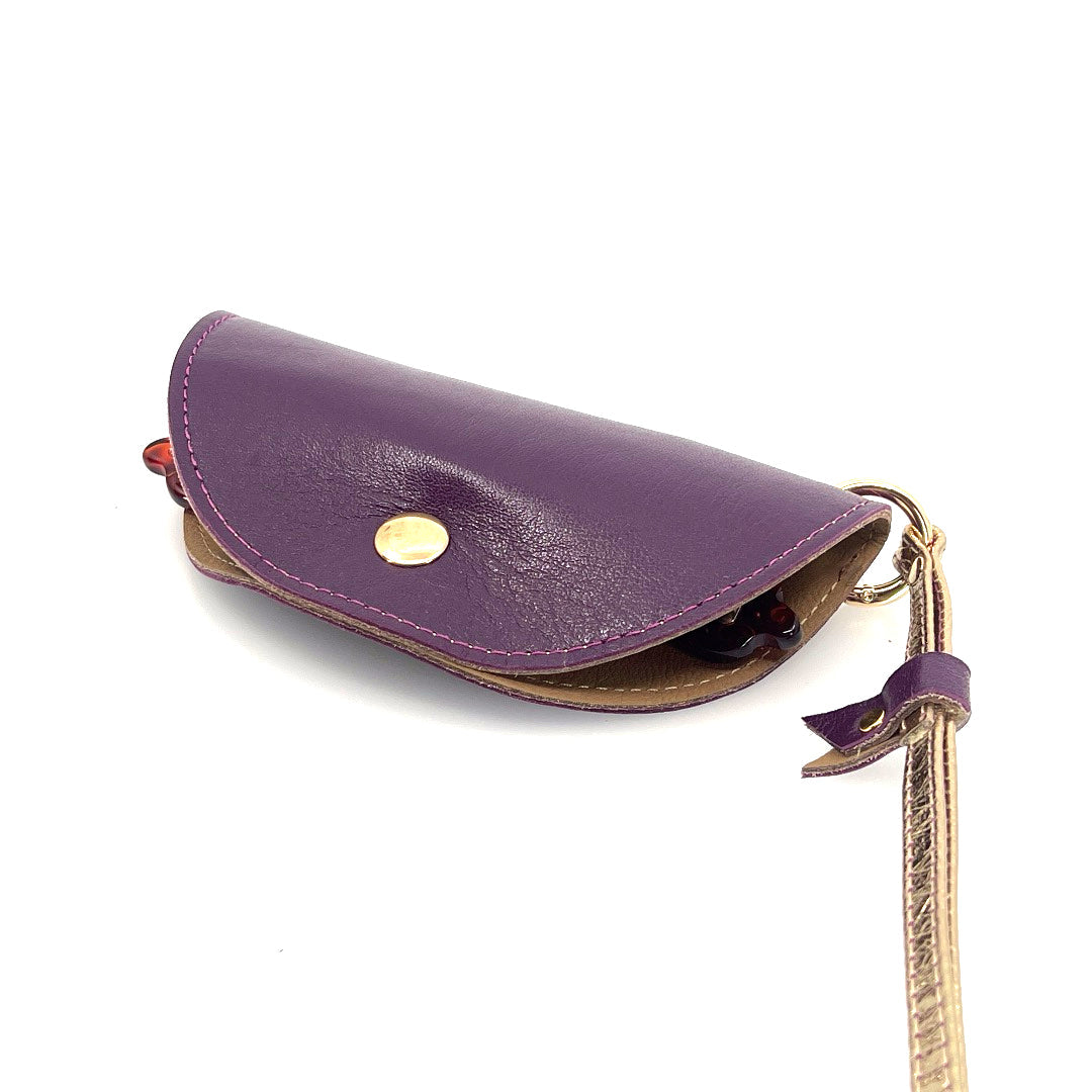 Half-moon leather eyeglass case in Eggplant & Tan by Lisa Rose by Design