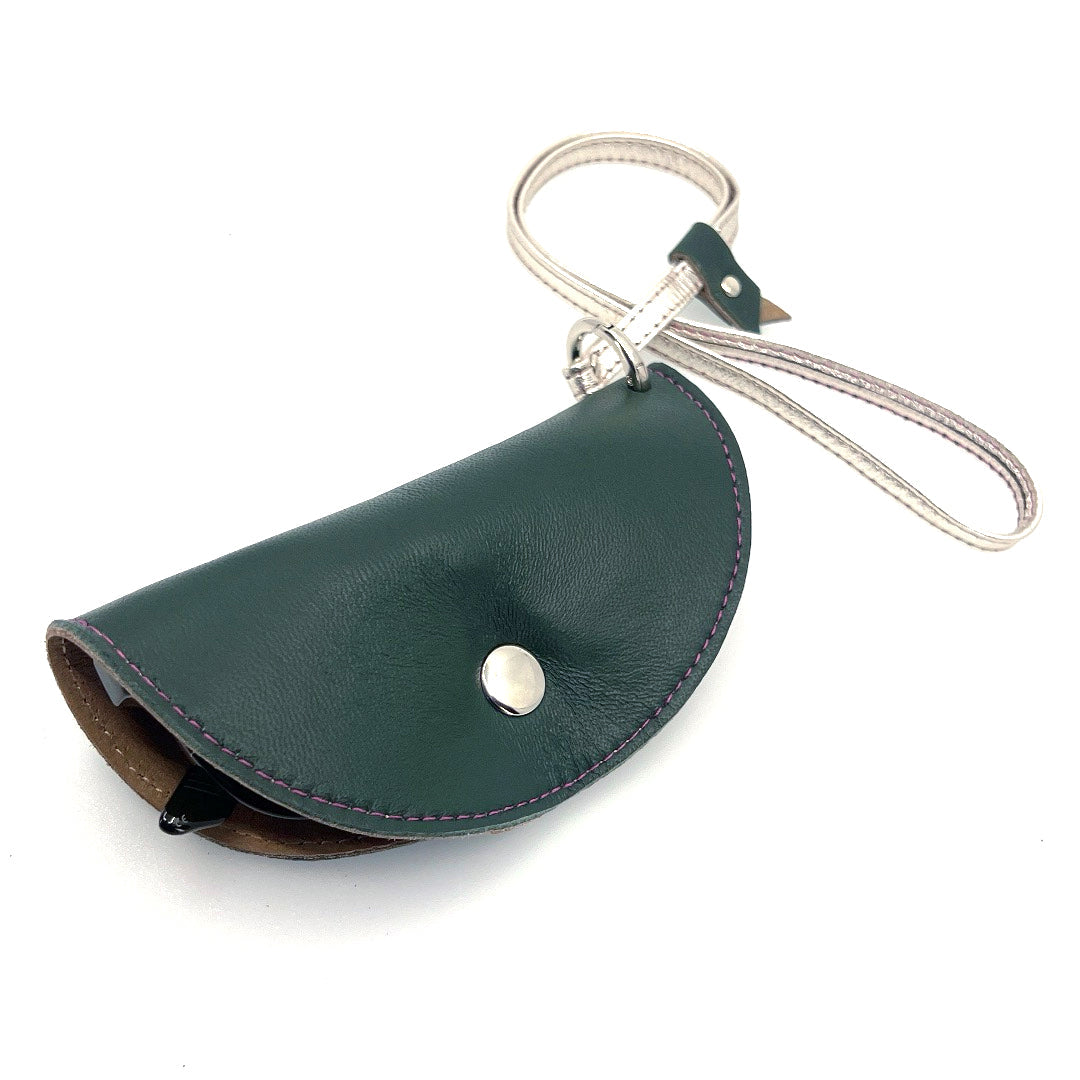 Half-moon leather eyeglass case in Forrest Green & Tan by Lisa Rose by Design