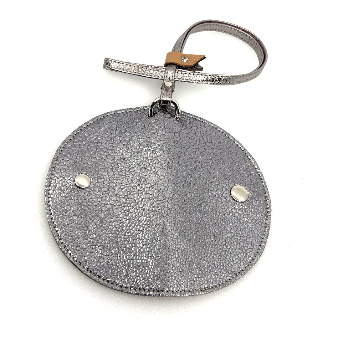 Half-moon leather eyeglass case in Silver Pebbles & Tan by Lisa Rose by Design